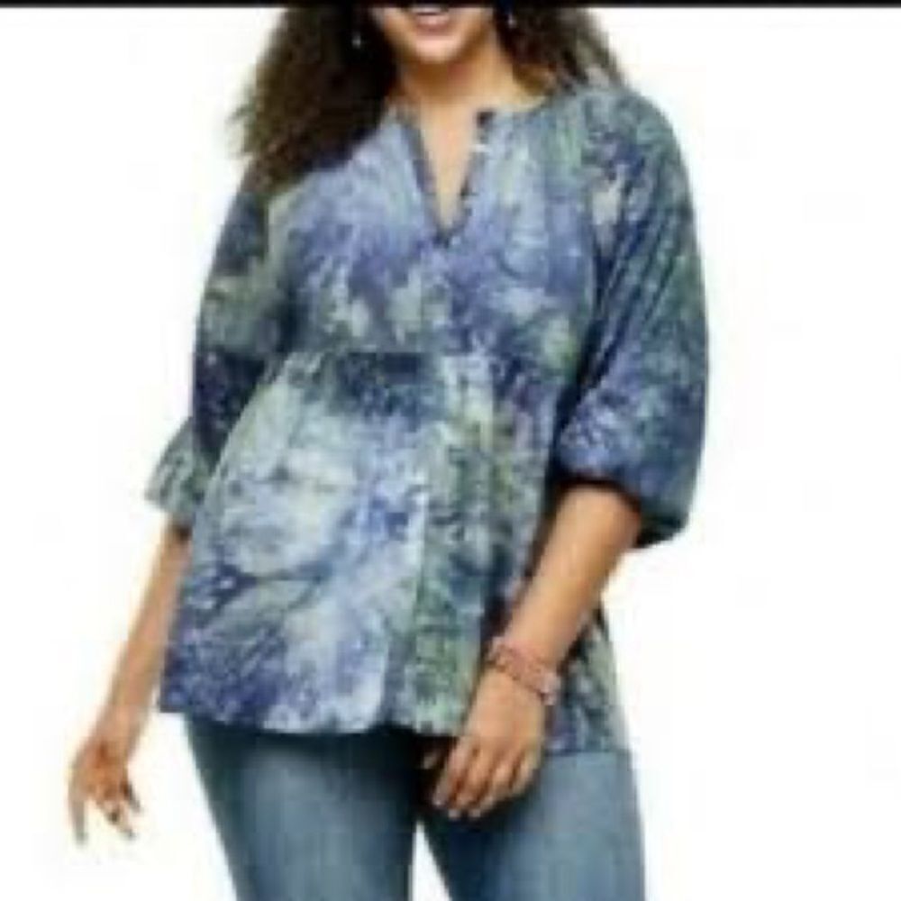 CAbi Olivia Woodstock Tie Dye Linen Blend Tunic Button Down Oversized Top